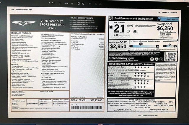 2026 Genesis GV70 3.5T SPORT PRESTIGE