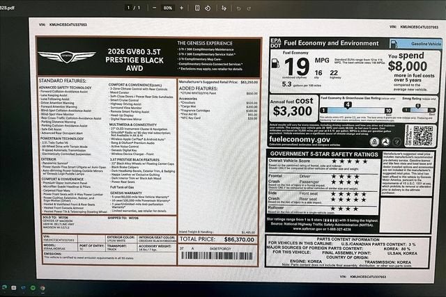 2026 Genesis GV80 3.5T Prestige Black