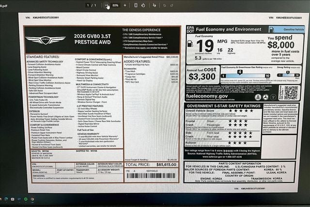 2026 Genesis GV80 3.5T Prestige