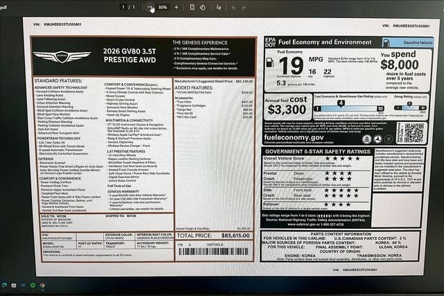 2026 Genesis GV80 3.5T Prestige