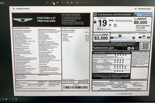 2026 Genesis GV80 3.5T Prestige