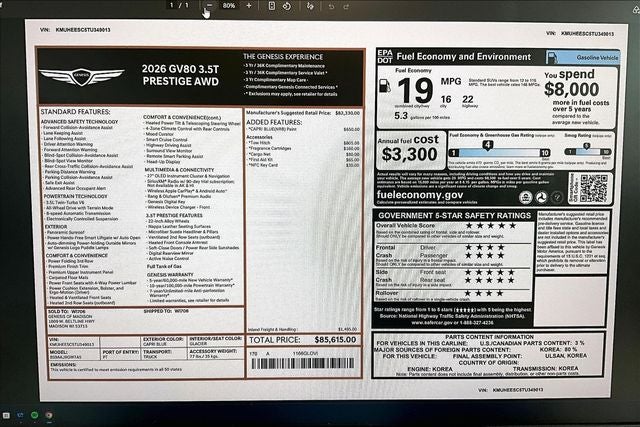 2026 Genesis GV80 3.5T Prestige