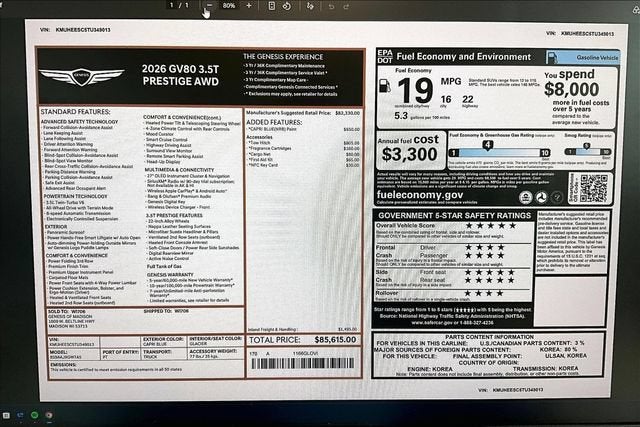 2026 Genesis GV80 3.5T Prestige